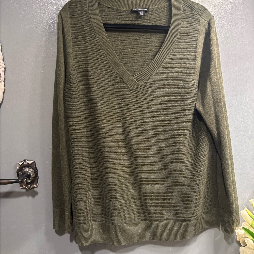Hilary Radley Olive Green Classic Ribbed Crewneck Sweater Versatile Casual